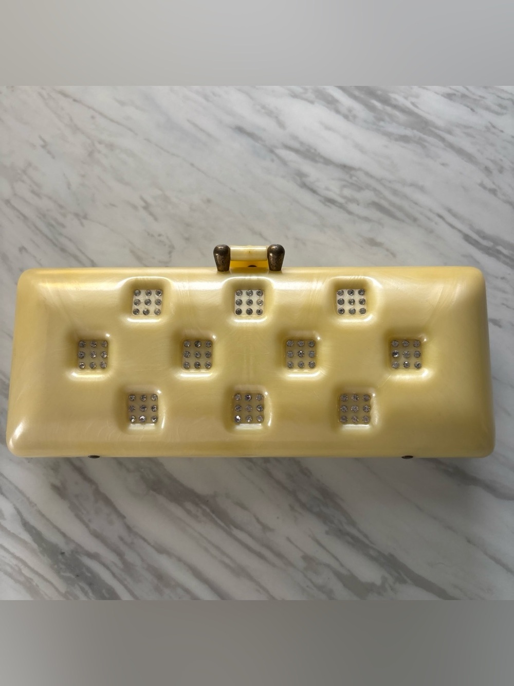 1950 Pale Yellow Vintage Lucite Clutch with Rhinestone Insets